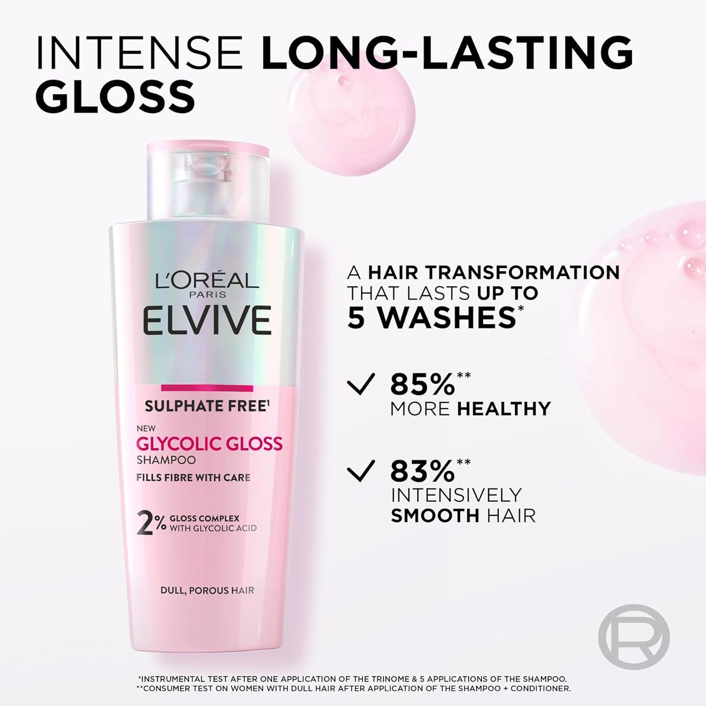 L’Oréal Paris Elvive Shampoo for Dull and Porous Hair, Silky Hair, with Glycolic Acid, Sulphate Free, Glycolic Gloss 200 ml
