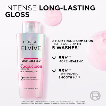 L’Oréal Paris Elvive Shampoo for Dull and Porous Hair, Silky Hair, with Glycolic Acid, Sulphate Free, Glycolic Gloss 200 ml